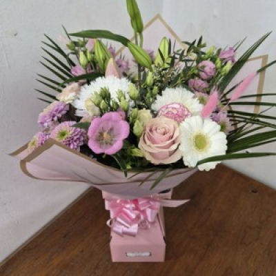 Pink Delight - Beautiful arrangement of pink and white fresh cut flowers presented in a  bouquet bouquet box in water.
